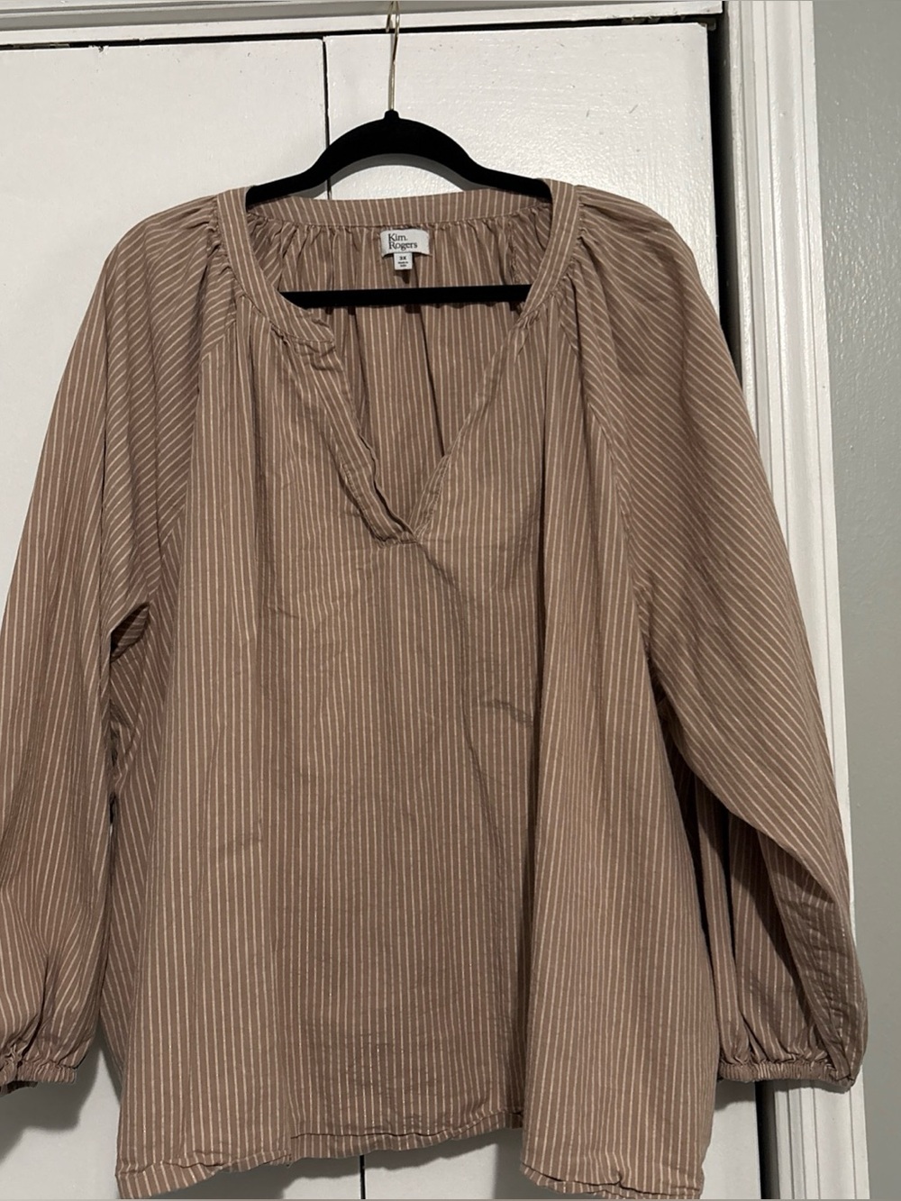 Kim Rogers Curvy Womens 3X Blouse tan gold shimmer stripe Top